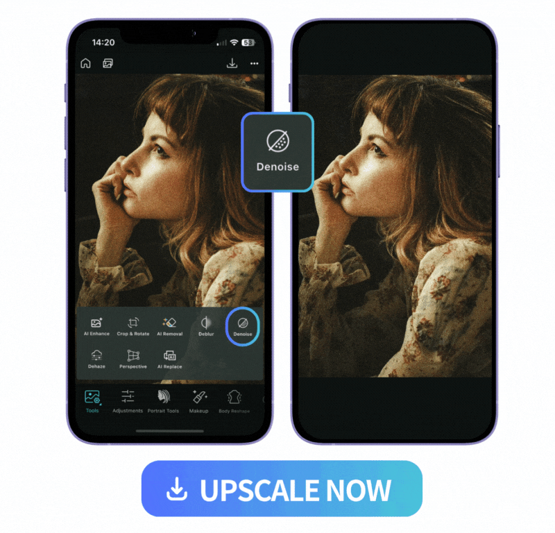collage UI of PhotoDirector's Edit features and denoised image